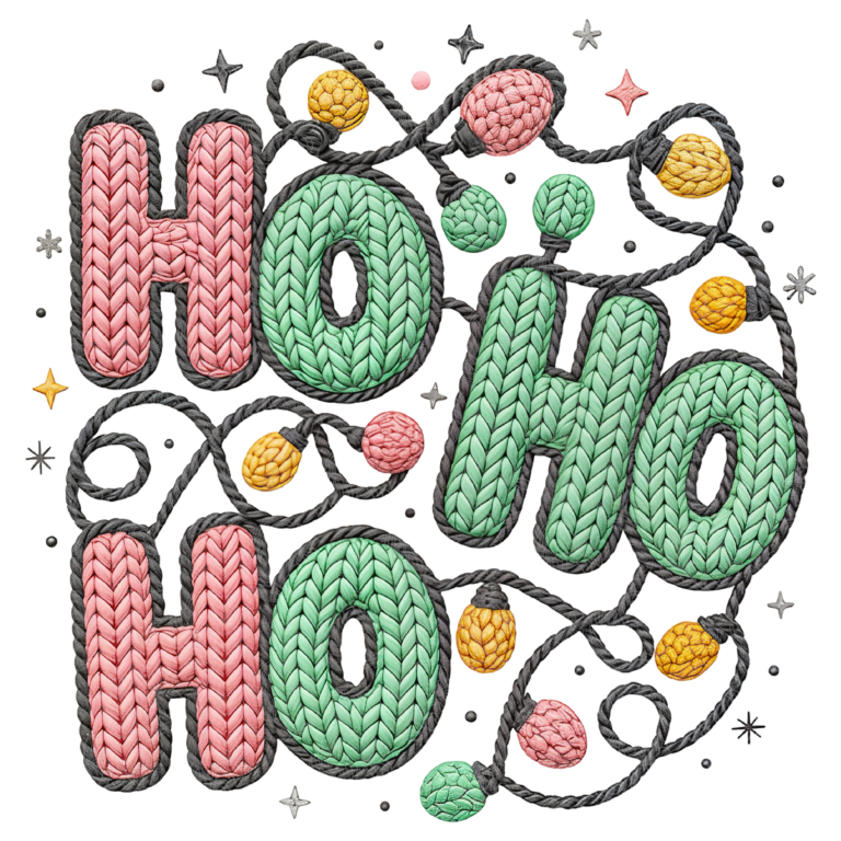Ho ho ho christmas lights with knitted letters in pink and green, wrapped in string lights, Grey Barn Handwerk, Saskatchewan.